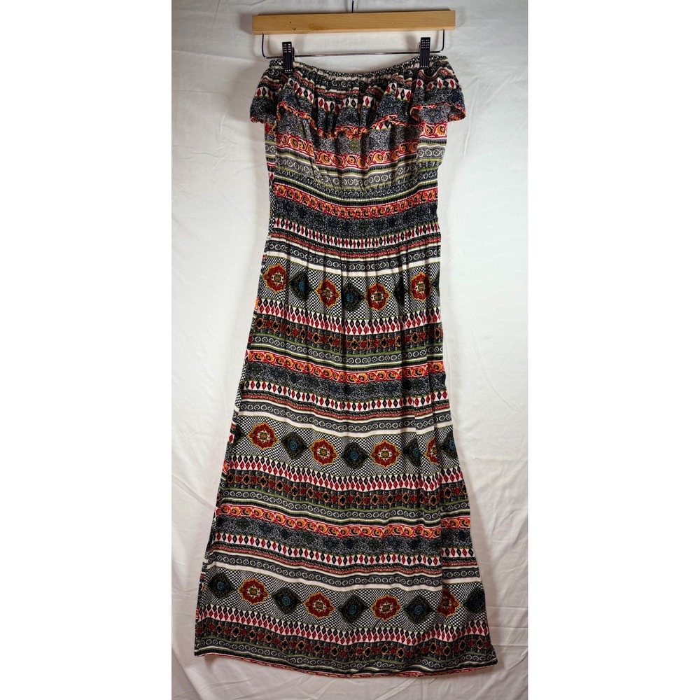 Boho‎ Strapless Smocked Maxi Dress Multi-Color Tribal Geometric Print Rayon sz M
